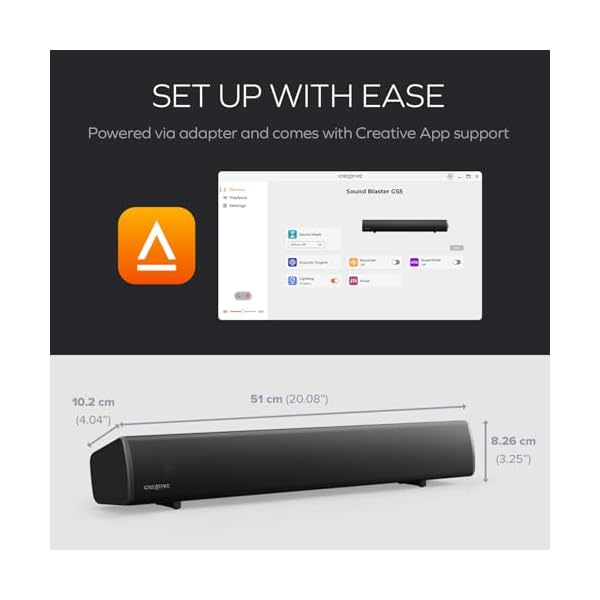 CREATIVE Sound Blaster GS5 RGB Gaming Soundbar with SuperWide technology, Powered via Adapter, Up to 60W Peak Power, Bluetooth 5.4, Optical-in, Headphone-out port, For PC and TV - Image 6