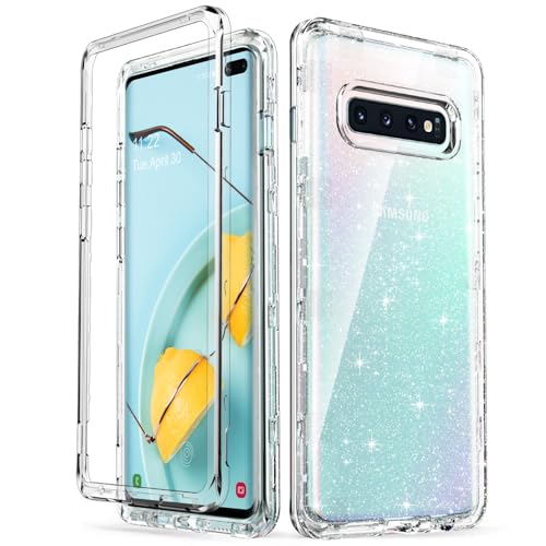 ULAK Galaxy S10 Plus Case, Clear Shiny Glitter Heavy Duty Shockproof Protection Sparkle Bling Back Cover Transparent Soft TPU Protective Layer for Samsung Galaxy S10 Plus 6.4 inch, Clear Glitter