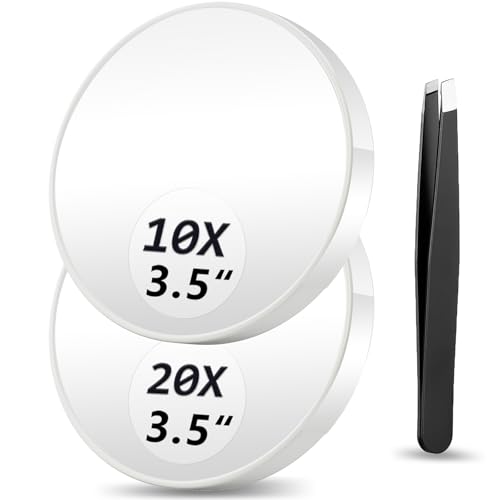Magnifying Mirror 10X&20X Set, Magnified Mirrors 3.5" with Two Suction Cups and Tweezers, Travel Magnifyied Mirror Set Comes with Storage Bag, Compact Small Magnifying Mirrors for Travel(White)