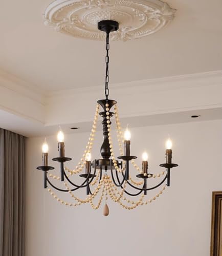 Lustre suspendu fer forgé noir 6 lampes E14 grand plafonnier vintage salon salle à manger 80cm