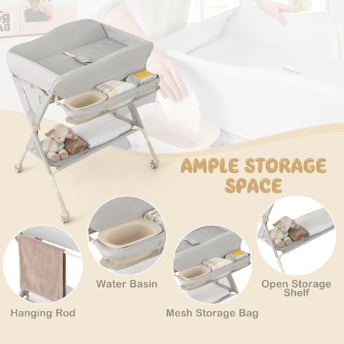 Image of HONEY JOY Changing Table, Folding Mobile Diaper Nursery Organizer w /Wheel, 3 Adjustable Heights, Storage Bag & Open Shelf, Water Basin, Portable Baby Changing Station for Newborn Infant(Gray)
