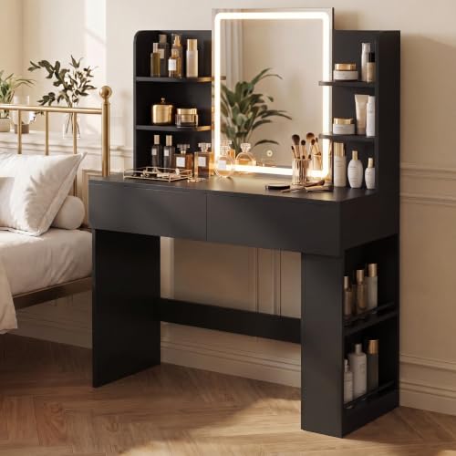 Image of YESHOMY 35.4 Inch Vanity Desk with LED Mirror&Lights Classic Black