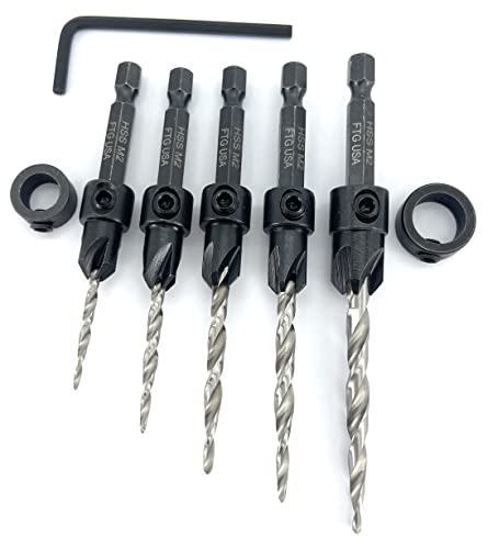 Ftg Usa Countersink Drill Bit Set 5 Pc Countersink Drill Bit #4#6#8#10#12 Tapered Drill Bits With Improved Countersink Connection Drill Bit To Hex Shank Without Pin, 2 Stop Collar, 1 Allen Wrench #TOP7