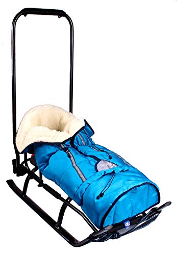 3in1 Kinder Schlitten mit Rückenlehne, Fußsack, Schiebegriff und Gurt aus...