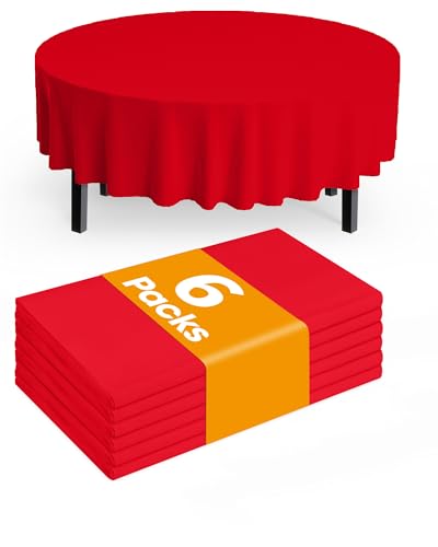 Image of Pureegg Plastic Table Cloth Disposable 6 Pack, 84 Inch Round, Red | Valentines Day, Thanksgiving, Christmas, Waterproof, Red, Round Tablecloth