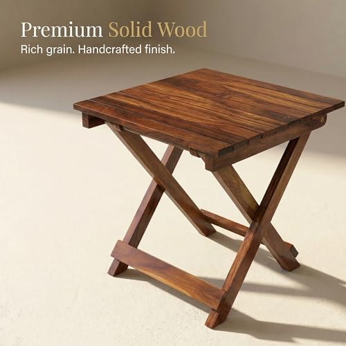 Image of Wooden Folding Side Table, Brown Antique Finish, 15 Inch | Mango Wood, For Bedroom & Living Room, Coffee Table, Corner Teapoy