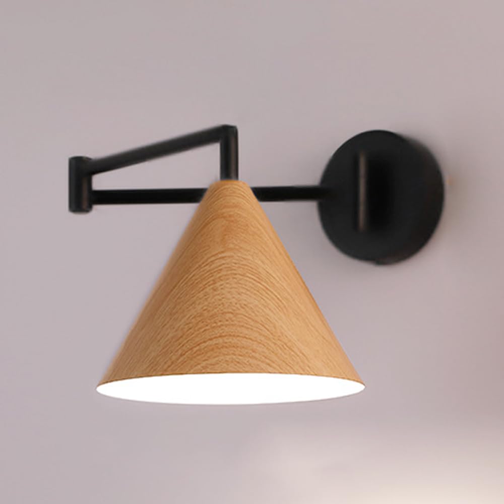 FZQSXAZU Metal Wood Grain Wall Lamp, Creative Swing Arm Light with 350° Adjustment Function, E27 Lighting Fixture, Bedside Sconce, Modern Industrial Lamps for Bedroom