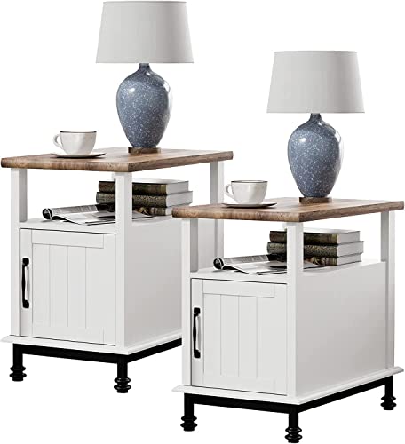 WAMPAT 2-Pack Set Farmhouse End Tables for Living Room, Premium Wood Accent End Side Tables with Open Storage, Cabinet and Back Shelf for Living Room and Bedroom, Metal Feet, 24", White/Oak WAMPAT 2-Pack Set Farmhouse End Tables for Living Room, Premium Wood Accent End Side Tables with Open Storage, Cabinet and Back Shelf for Living Room and Bedroom, Metal Feet, 24", White/Oak