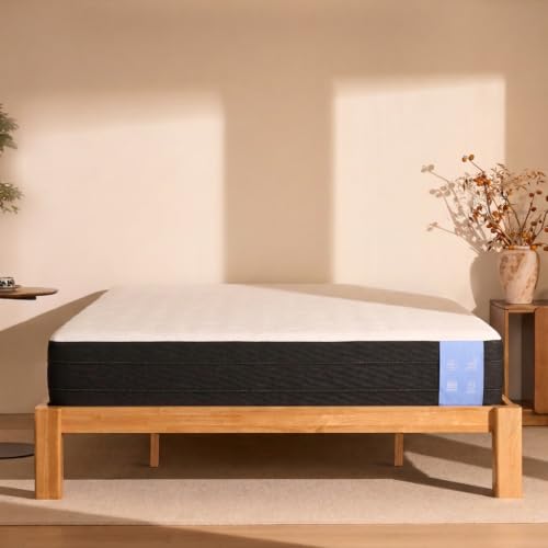 Image of FLEXISPOT Hako G2 Japanese Joinery Bed Frame King with 12 inch Mattress Set | 12 inch Cooling Gel Memory Foam Mattress, Solid Rubberwood King Bed Base, 10-Year Warranty, Natural Oak