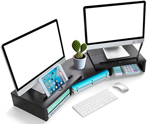 LORERGO Monitor Soporte Madera Elevador Con Longitud y Ángulos Ajustables 2 ranuras funcionales adicionales Organizador de escritorio PC ordenador portátil Impresora