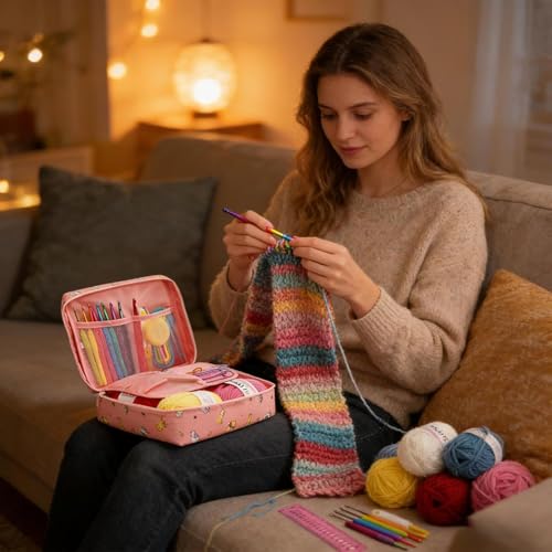 Image of KRENZ 59 Piece Crochet Kit for Beginners with 5 Yarn & Crochet Hooks, Stitch Markers & Storage Bag All in One Crochet Set for Kids & Adults