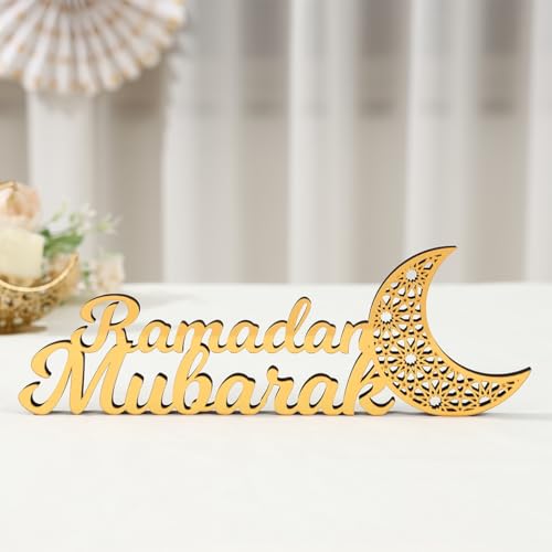 Wooden Acrylic Ramadan Mubarak Ornament, Gold Eid Kareem Islamic Tabletop Decors with Hollow Moon, Table Top Centerpiece Stand Letters Muslim Gift for Home Holiday Party Decoration