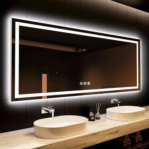ROOMTEC 55 x 36 Inches LED Bathroom Mirror with Front and Backlit,Anti-Fog,3 Colors and Dimmable Light(Horizontal/Vertical), Silver
