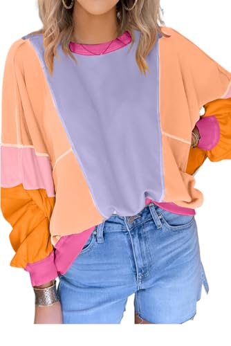 Image of KevaMolly Womens Long Sleeve Tops Colorblock Patchwork Exposed Stitching Oversize Top Round Neck Casual Pullover
