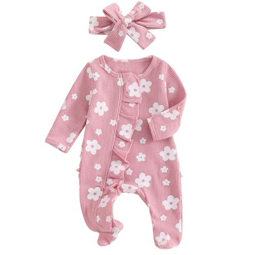 Image of Ayalinggo Newborn Baby Girl Fall Winter Outfits Clothes Knit Jumpsuit Ruffle Romper Newborn Coming Home Outfit for Baby Girl