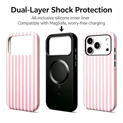 Image of for iPhone 17Pro Case Cute Phone Case,Compatible with MagSafe,Dual Layer Shockproof Protective Phone Cover,Hard Shell + Silicone Cover,Fashion Design for Women Girls,Striped Pink