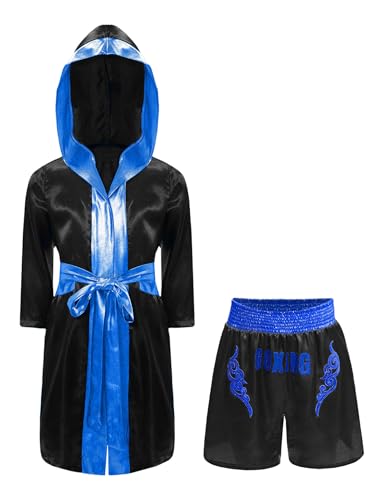 Mufeng Batas de Boxeo con Capucha, Kickboxing, Pantalones Cortos, Con Lentejuelas, Capa Abierta, 5-16 Años Black&Blue 15-16 años