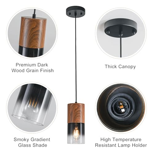 Image of 2-Pack Modern Pendant Lights for Kitchen Island, Adjustable Black Pendant Light Fixtures with Brown Wood Grain, Industrial Glass Pendant Lights for Dining Table Hallway Bedroom Living Room