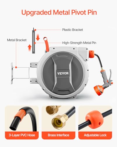 Image of VEVOR Retractable Garden Hose Reel, 5 /8 Inch x 100 ft Wall Mounted Hose Reel, Heavy Duty Garden Hose Reel with 9 Patterns Nozzle, Any Length Lock, Upgraded Slow Return System and 180Swivel Bracket