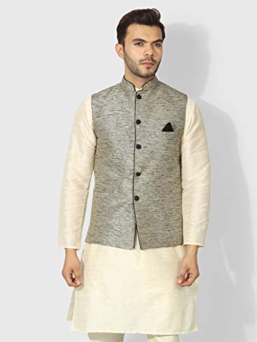 Image of Uri and MacKenzie Men's Silk Blend Regular Kurta Churidar Pyjama with Bundi Nehru Jacket /Waistcoat