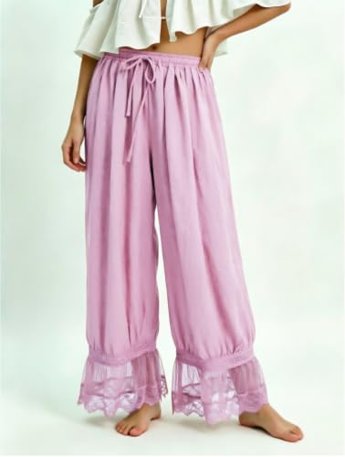 Image of UAURORAO Women Lace Trim Bloomer Pants Flowy Culottes Pantaloons Bloomers