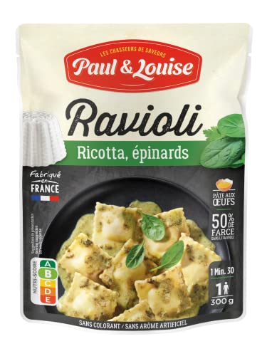 Paul & Louise Ravioli Ricotta, Épinards 300g - Sachet micro-ondable - Prêt en 1 minute 30 - Pâte aux œufs - Recette sans viande - Sans colorant - Sans arôme...
