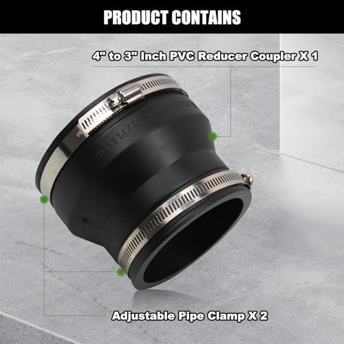 Image of RULLINE 4 inch to 3 inch Inch Black PVC Reducer Coupler with 2pcs Clamps RV Plumbing Fittings PVC Pipe Coupler Adapter RV Sewer Connection