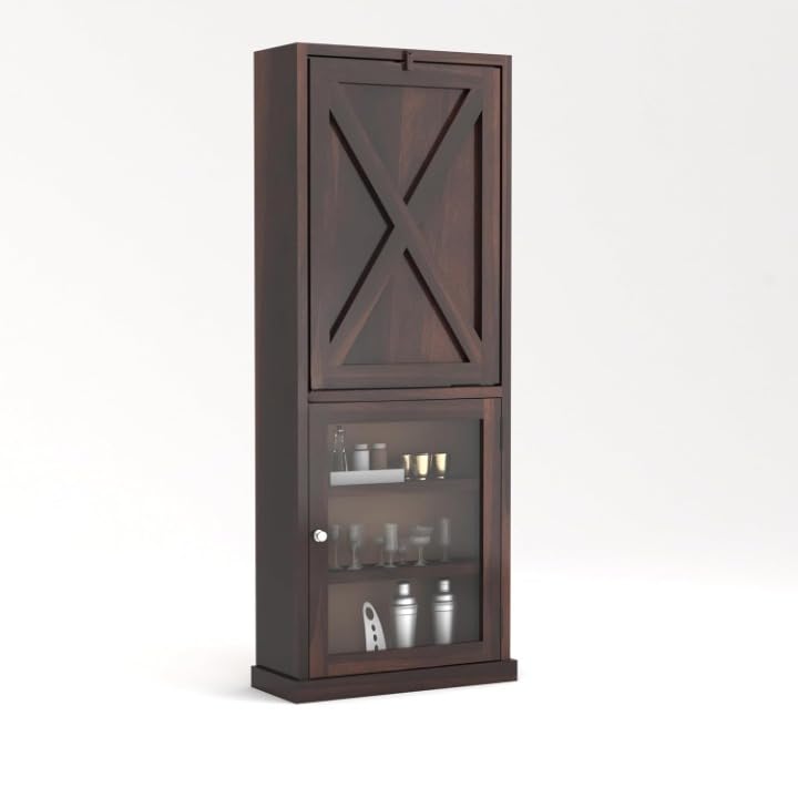 Image of Sheesham Wood Bar Cabinet with Foldable Counter Table | Wooden Wine Rack with Glass Storage | Space Saving Home and Office Bar Furniture - Walnut Finish