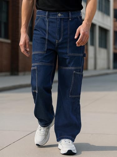 Image of Bewakoof Men Mid Rise Denim Solid Straight Fit Jeans|Straight Fit Jeans - Regular Fit | Classic Denim Pants | Everyday Casual