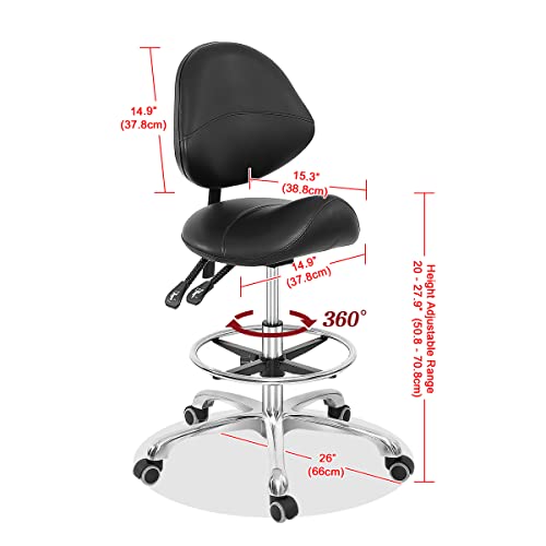 Grace & Grace Professional Saddle Stool Chair With Back Support, Hydraulic Ergonomic Saddle Seat Stool With Wheels For Clinic Dentist Spa Massage Salons Studio (Black, With Foot Rest) #TOP3
