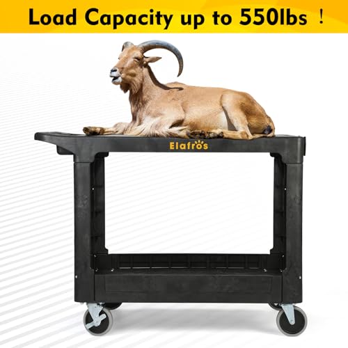 ELAFROS Large Heavy Duty Plastic Utility Cart Flat top 42.5 x 25 Inch - Work Cart Flat Shelves and Full Swivel Wheels Holds up to 550 lbs - 2 Tier Service Cart for Warehouse,Garage, Cleaning Black - Thumbnail 6