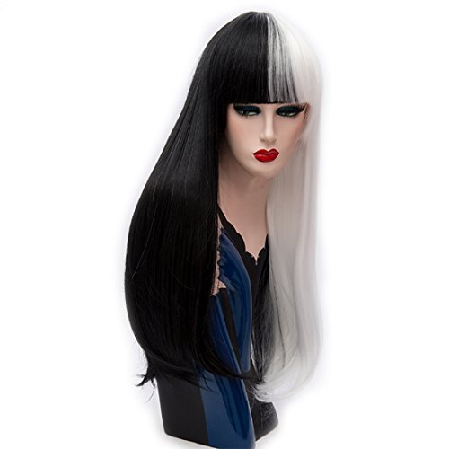 Alacos Fashion 70CM Long Straight Synthetic Gothic Lolita Cosplay Wigs for Women +Free Wig Cap (Black/White)