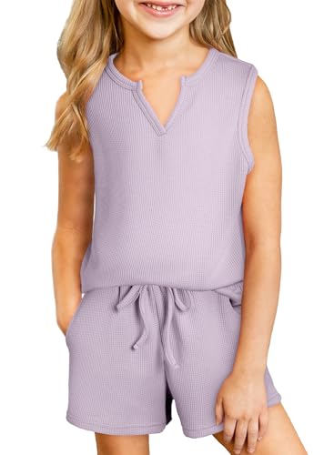Image of blibean Girls Summer Clothes Set Kids Waffle Pockets Cotton Outfit Size 4-13 Years