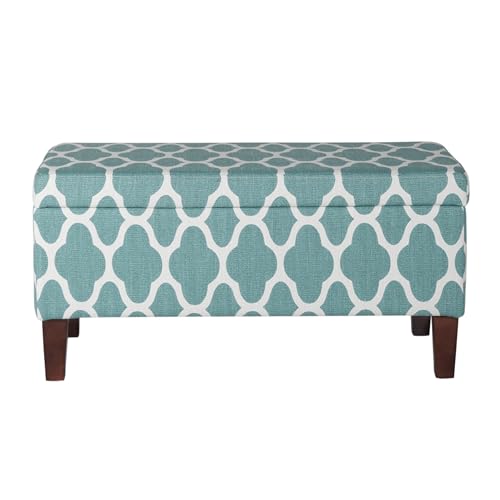 HomePop Large Upholstered Rectangular Storage Ottoman Bench with Hinged Lid, Teal Blue Geometric