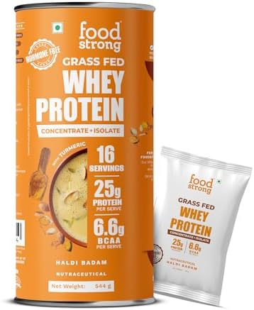 Foodstrong Whey Protein Powder (Concentrate + Isolate), 100% Hormone Free Grass-Fed Whey, 25G Protein & 6.6G BCAA, Haldi Badam, With Turmeric & Digestive Enzymes, 16 Sachets, 544G