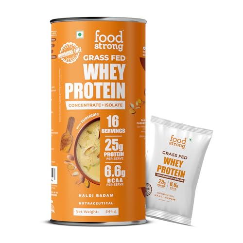 Image of Foodstrong Whey Protein Powder (Concentrate + Isolate), 100% Hormone Free Grass-Fed Whey, 25G Protein & 6.6G BCAA, Haldi Badam, With Turmeric & Digestive Enzymes, 16 Sachets, 544G