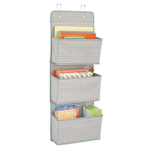 mDesign Over the Door Fabric Office Supplies Storage Organizer for Notebooks, Planners, File Folders - 3 Pockets, Gray/Cream