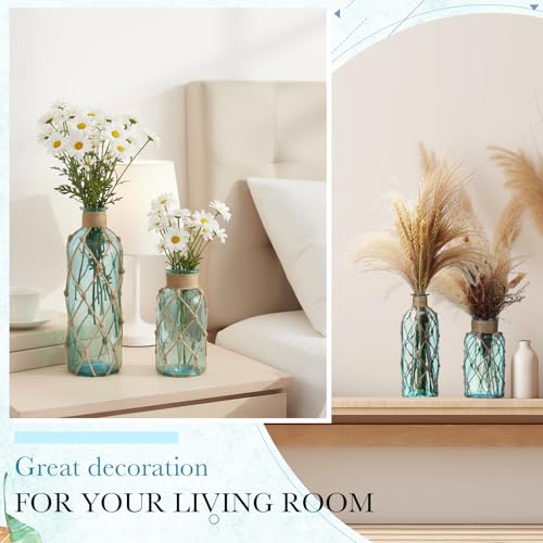 Image of Chuangdi Set of 2 Coastal Glass Flower Vase with Boho Rope, Light Blue