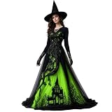Shiketong Halloween Kostüm Damen Hexen Kleid Vintage Festival Outfit Midi Kostüme Gruselige Costume Elegant Cocktailkleid Für Halloween Cosplay Grün L