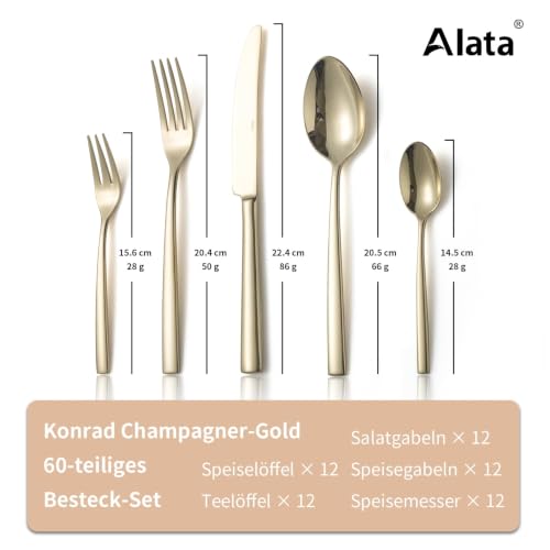 Alata Konrad 18/10 Edelstahl Poliert Champagner Gold Besteck Set 12 Personen, Essbesteck 60 teilig, Monobloc-Messer, Glänzend… – Ansicht 3