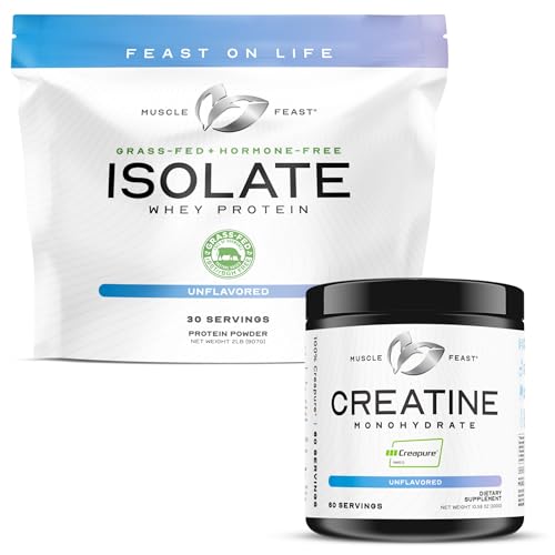 Muscle Feast Isolate + Creatine Bundle: 1 Whey Protein Isolate (Unflavored, 2lb) + 1 Creatine Powder (Unflavored, 300g) | Premium Supplements, Vegetarian, Glute