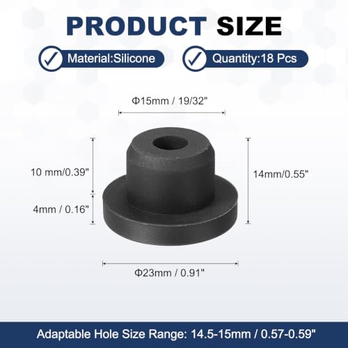 Image of MECCANIXITY 18pcs T-Shaped Silicone Plugs 15mm 19 /32 Inch Dia Snap in Plug Hole Seal Cover Round Rubber Stopper for 14.5-15mm Holes Kitchen Rubber Bulkheads Waterproof Sealing, Black