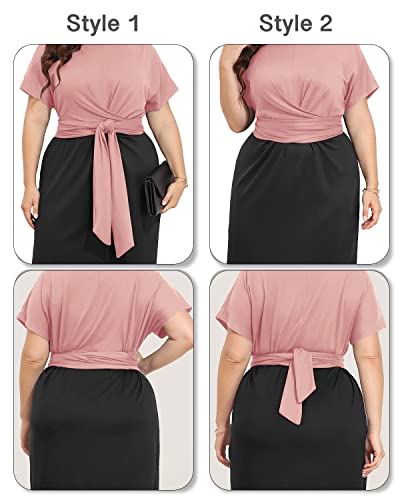 Image of Pinup Fashion Plus Size Dresses for Women Wedding Guest Short Sleeve Tie Front Waist Belted Pencil Work Knee Dress