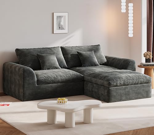 Image of 91″ Boneless Couch 3-Seater Modular Sectional Sofa with Ottoman for Living Room, L-Shape Cloud Couch with Comfy Flannel Fabric, Oversized Loveseat Recliner Lounge Chaise with 2 Throw Pillows (Grey)