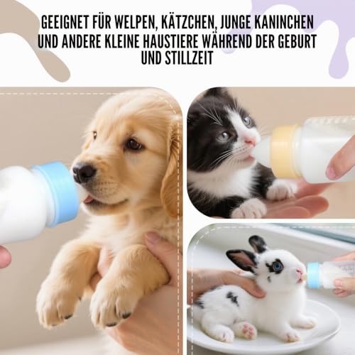 Futtermilchflasche-Set für Welpen, Flaschen zur Kätzchenfütterung, Haustierflasche mit Messskala für die künstliche Aufzucht von Neugeborenen (Blau, 60ML)