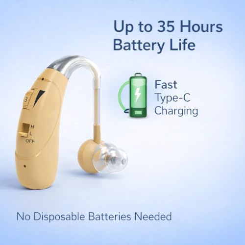 Image of Rechargeable Digital BTE Hearing Aid for Old Age with Type-C Charging for Severe to Profound Hearing Loss - Volume Control | Noise Reduction | Comfort Fit for Adults & Seniors (6 Month Warranty) (Beige, For Single Ear)