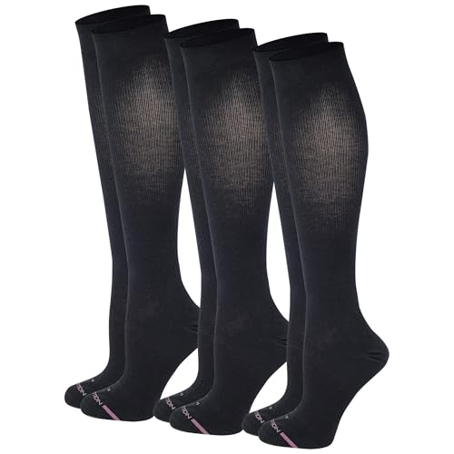 Dr Motion Women's Compression Knee High Socks, 15-20 mmHg, 3 Pairs (Black, 9-11)