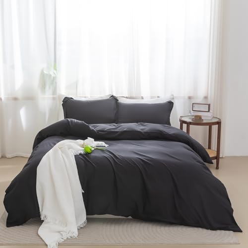 Image of SheRest Black Duvet Cover Full Size - Soft Brushed Microfiber, 3 Pieces, 1 Duvet Cover 80x90 Inches with Zipper Closure 8 Ties & 2 Pillow Shams, Breathable Bedding Set for All Season (No Comforter)