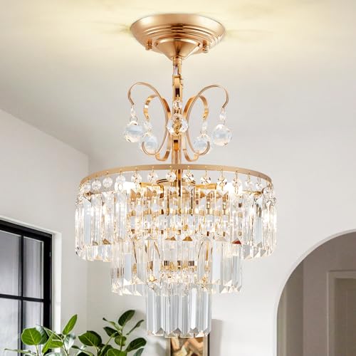 XPEHK 3-Light Gold Crystal Semi-Flush Chandelier