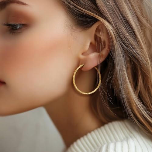 Gold Hoop Earrings for Women 14K Gold Earrings for Women Hoop Earring for Womens Hoops Unique Carved Texture Hoops Earring for Womens 40mm3